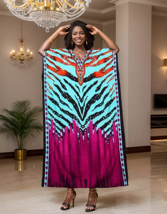 PNA-1461 - Women's Colorful Print Kaftan Dress - One Size (6-PCS PRE-PACK-$7 Each) — One Size (4-24) / Print-1461B