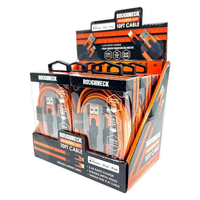 Charging Cable Flat Tape Measure Assortment 10FT 2.4 Amp - 6 Pieces Per Retail Ready Display 25090
