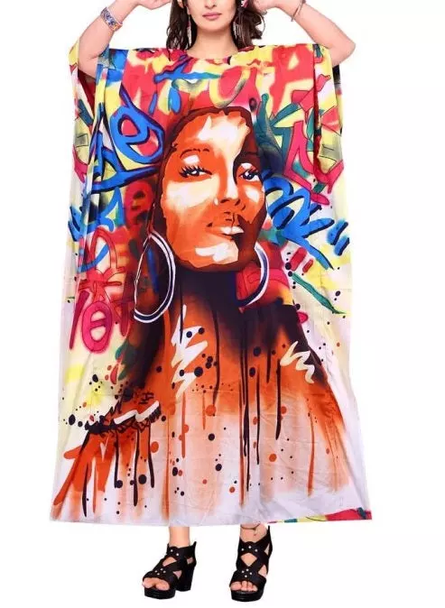PNA-1435 Women's Graffiti Print Long Kaftan - One Size (6-PCS PRE-PACK) - $7 Each