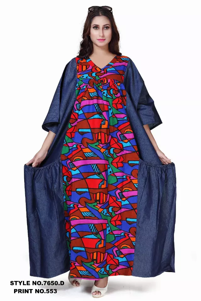 7650D Authentic African Print Panel and Denim Dress (3 PCS PRE-PACK) - $28 EACH — One Size (4-24) / Print-553