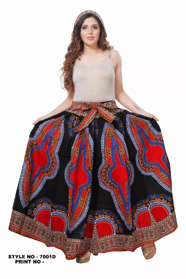 7001D - 8 Panel Dashiki Print Skirt - Authentic African Wax (3-PCS PRE-PACK) - $25 Each — One Size (4-18) / BLACK/RED / 3-Pcs Per Pack