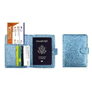 Multi Function Glitter Bling RFID Passport Organizer with CDC Vaccination Card Holder — Blue