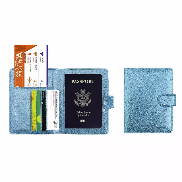 Multi Function Glitter Bling RFID Passport Organizer with CDC Vaccination Card Holder — Blue