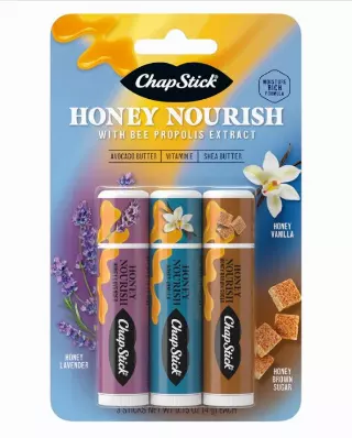 ChapStick Lip Balm Honey Nourish, Moisturizing Formula with Shea Butter and Avocado Butter, Vitamin E, Flavors Lavender, Vanilla, Brown Sugar, 3CT .45OZ
