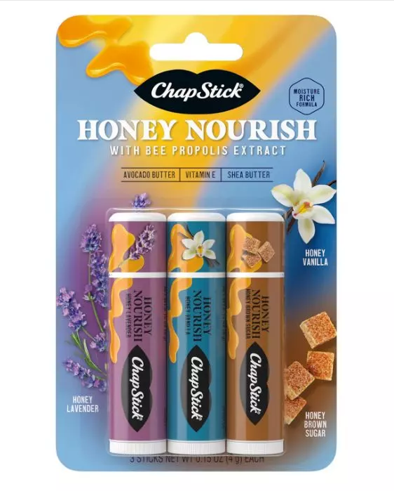 ChapStick Lip Balm Honey Nourish, Moisturizing Formula with Shea Butter and Avocado Butter, Vitamin E, Flavors Lavender, Vanilla, Brown Sugar, 3CT .45OZ