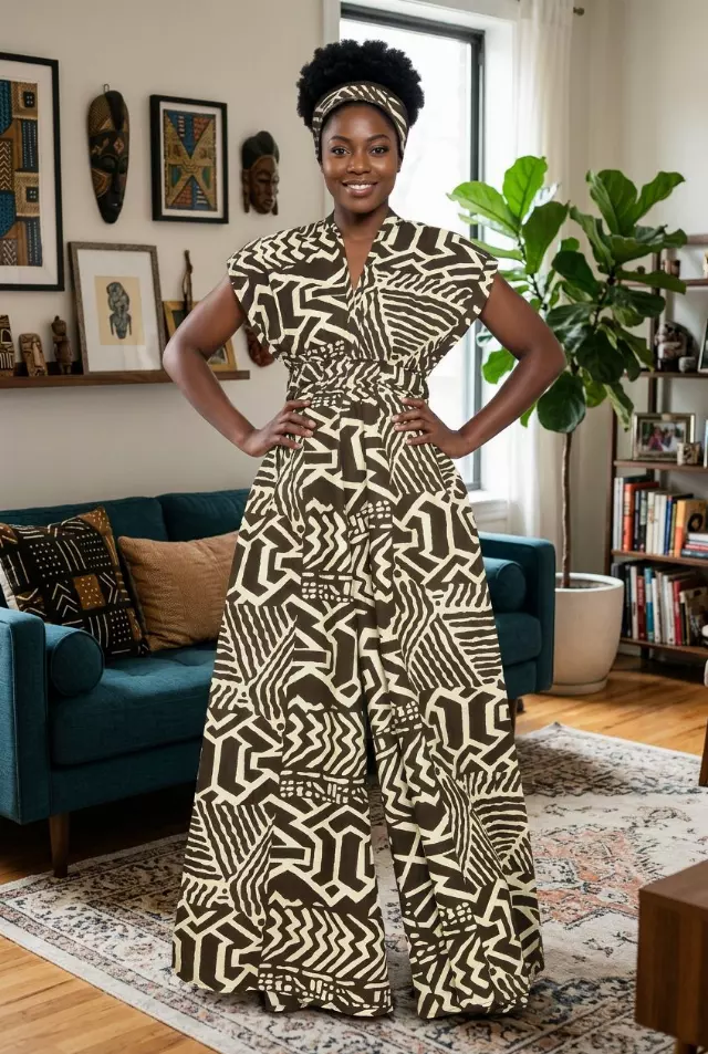 7041 - African Wax Wide Leg Jumpsuit/Dress (3 PCS PRE-PACK) - $30 Each — One Size (4 - 26) / Print-691