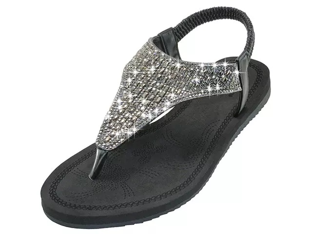 W7902L - Women's "Easy USA" Rhinestone Upper Comfortable Sandals — Black (W7902L-B) / 5-10 Assorted