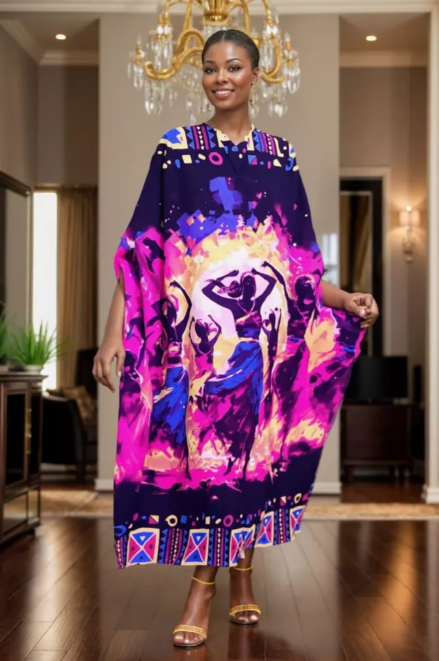 PNA-1634 - Women's Comfy Kaftan Dress with Headwrap- One Size (6-PCS PRE-PACK) - $7 Each — One Size (4-24) / Print-1634B