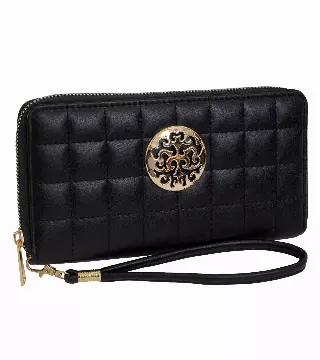 Rebecca & Rifka Smooth Boxed Quilt Medallion Zip Wristlet Wallet — BK/GD