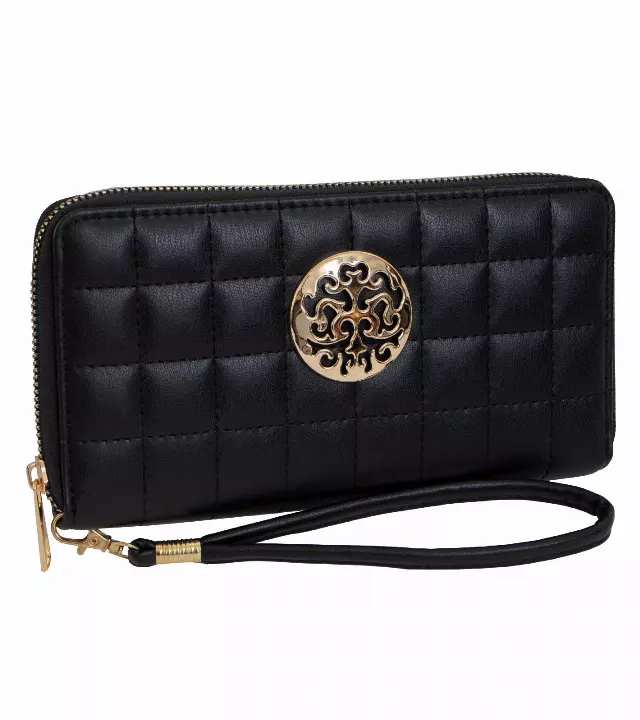 Rebecca & Rifka Smooth Boxed Quilt Medallion Zip Wristlet Wallet — BK/GD