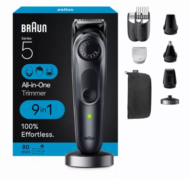 Braun All-in-One Men’s Shaving Kit Series 5 5490, 9-in-1 Beard, Face, Nose, Ear Trimmer, Hair Clippers, Body Groomer and Manscaping