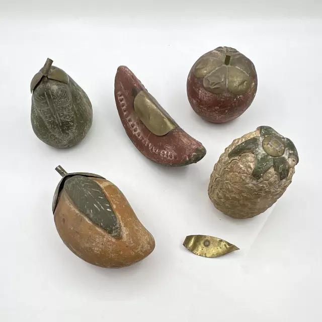 Vintage Terra Cotta Fruit Lot 5 Pieces Brass-Tone Accents Mid Century Style