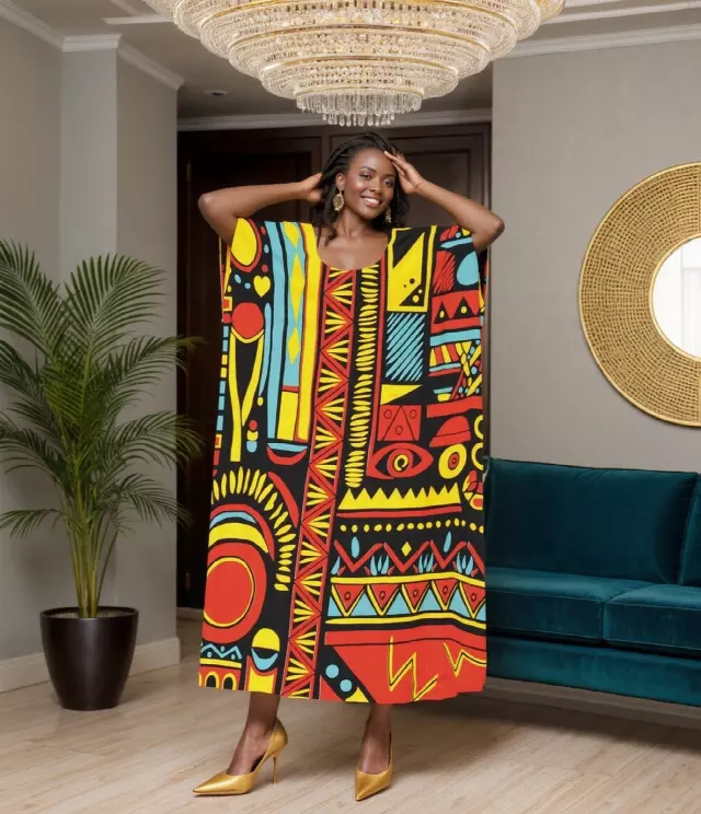 PNA-1520 Women's Colorful Print Long Comfortable Kaftan Dress with Headwrap- One Size (6-PCS PRE-PACK) - $7 Each — One Size (4-24) / Print-1520A