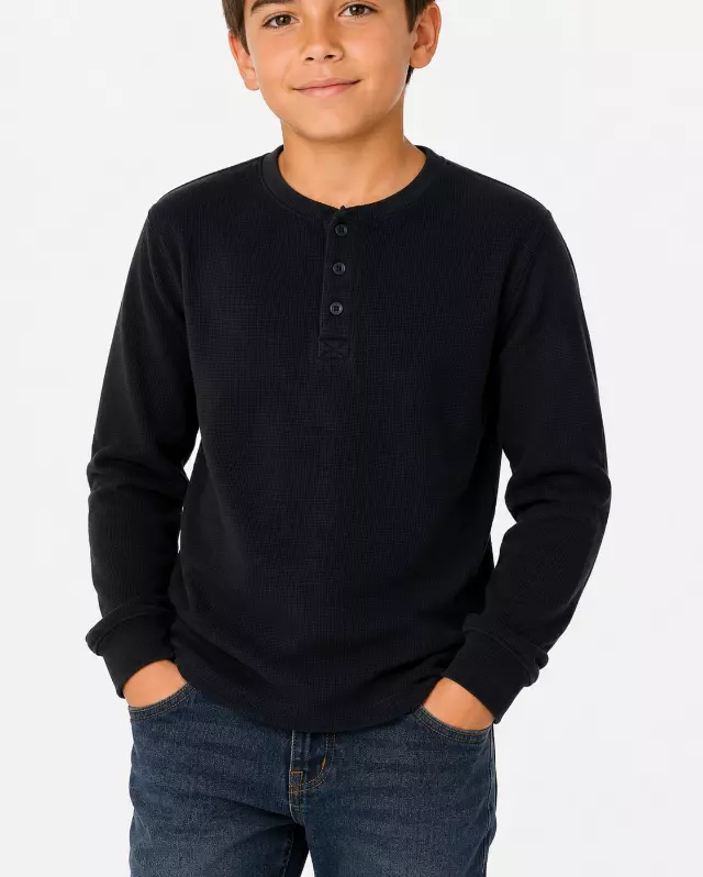 Boys' Thermal Top Henley #TH2 — Black / 6-8-10-12-14-16
