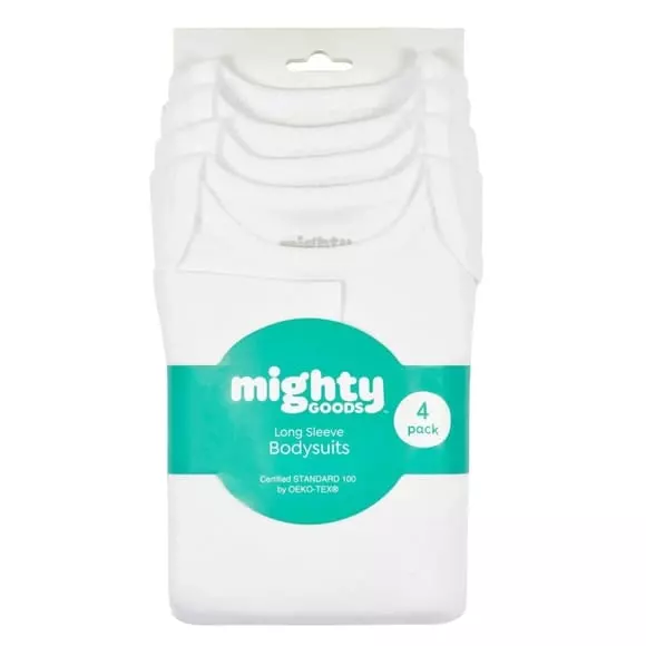 Wholesale Lot Of 900 Packs Of Gerber Childrenswear Mighty Goods Bodysuits for Newborns To 6 Months Old – 100% Cotton – Each Pack Has Four Pieces – MSRP $11.00 Each Pack – Your Price Is Only $3.50 Per Pack