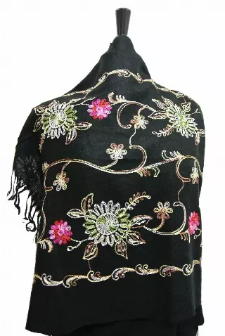 G106 Embroidered Floral Sequin Pashmina — Black