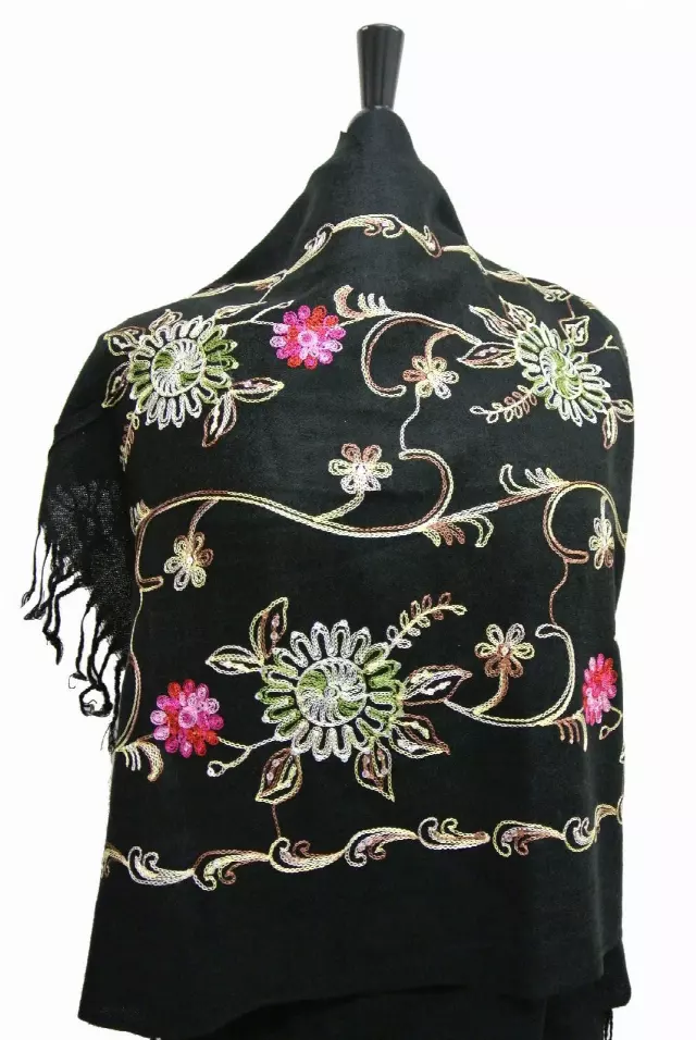 G106 Embroidered Floral Sequin Pashmina — Black