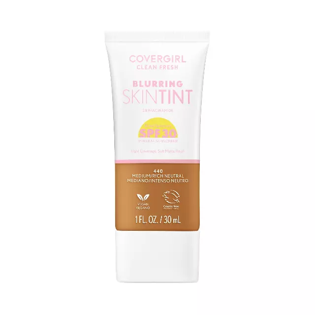 COVERGIRL Clean Fresh Blurring Skin Tint with SPF 30, 440 Medium/Rich Neutral, Liquid Foundation, Soft Matte Finish, Smooths, Brightens, Blurs Pores, Mineral Sunscreen, Vegan Formula