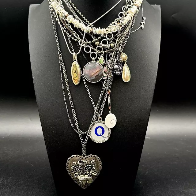 Mixed Fashion Costume Necklace Lot Heart Initial Q Pendants Vintage to Modern