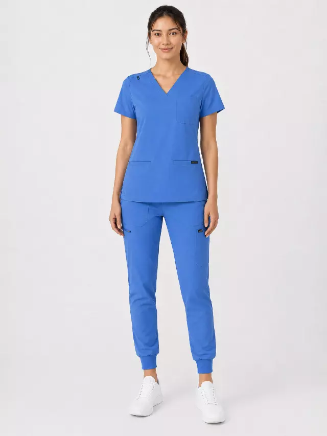 Kayla | V-neck Top and Multi-Pocket Jogger Set — Dark Ceil / 2XL