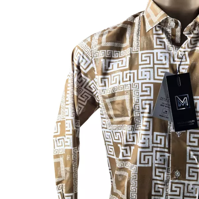 Megaannum - Geometric Print Slim Fit Long Sleeve Casual Shirt – Beige Gold