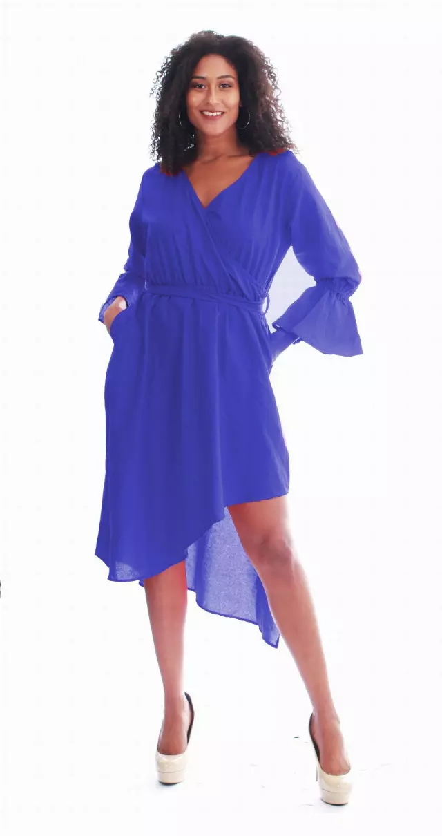 454S -SOLID RUFFLE DRESS - ON SALE!! $10.00 Each- 3 pcs in a pack — One Size / BLUE