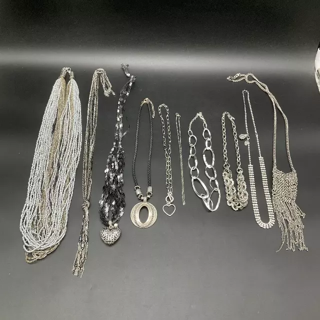 Mixed Silver Tone & Black Fashion Necklace Jewelry Lot 10 Pieces Heart Tassel
