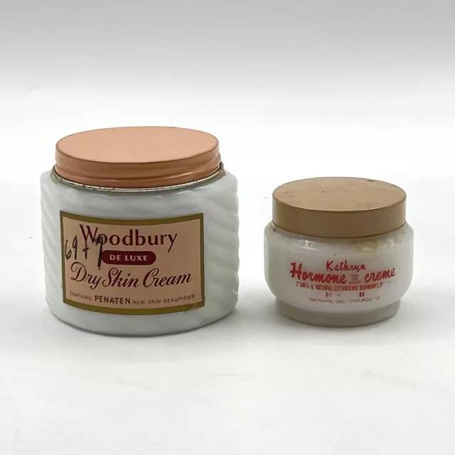 Vintage Woodbury & Kathryn Hormone Cream Milk Glass Jars Vanity Display Lot 2
