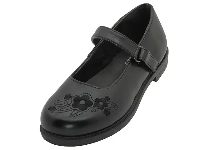 S5003-G - Wholesale Big Girl's "Easy USA" PU Upper with Embroidery Flower on top Black Mary Jane School Shoes