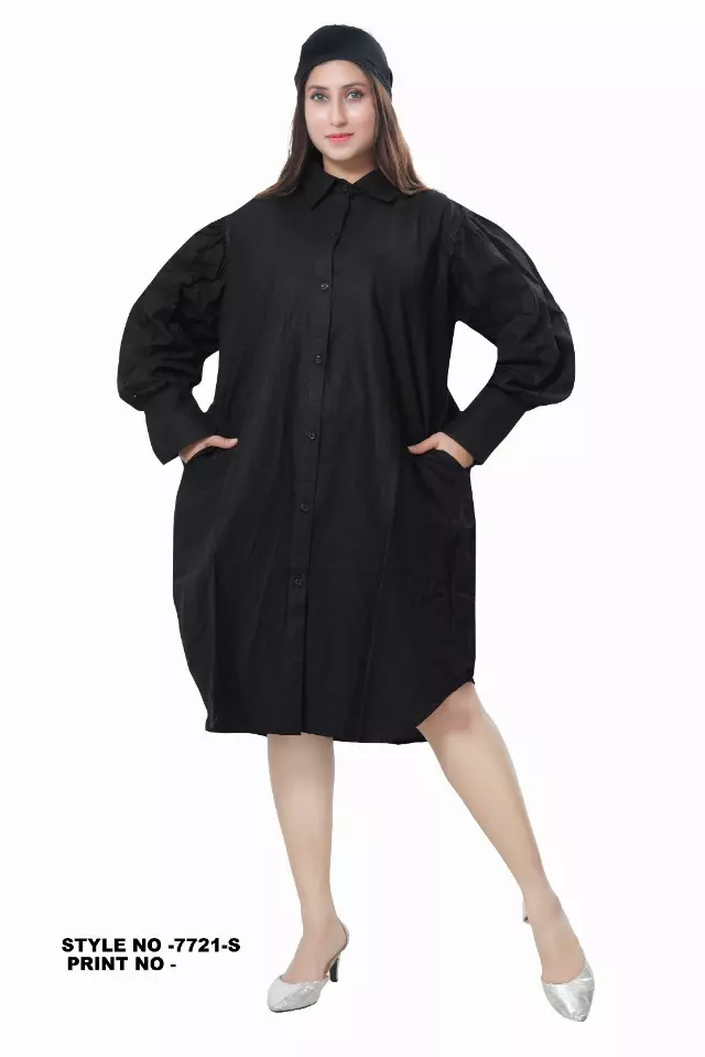 7721S- Puff Sleeve Solid Color Button Down Dress - $18.00 Each — Free Size / Black