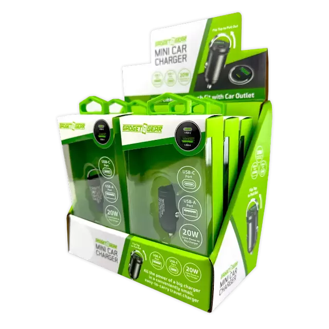 Mini Car Charger DC Dual Port USB / USB-C 20 Watts - 6 Pieces Per Retail Ready Display 25751