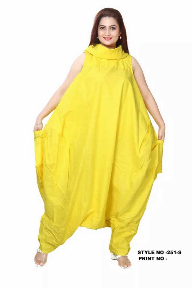 251S- Cow Neck Solid Color Jumpsuit/Dress (3 PCS PRE-PACK) - $35 Each — One Size (4 - 26) / Yellow