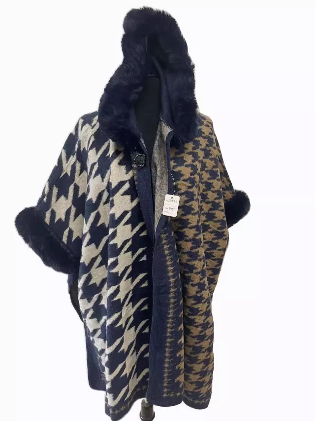 TX527 Faux Fur Houndstooth Cape with Hoodie — Navy