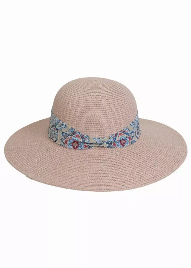 Magid Geometric Print Ribbon Straw Floppy Hat — BLUSH