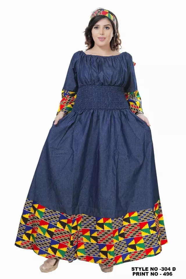 304AD - ON SALE!! Off-shoulder Denim Print Smocked Waist Dress - $15.00 Each — Free Size / Print-496