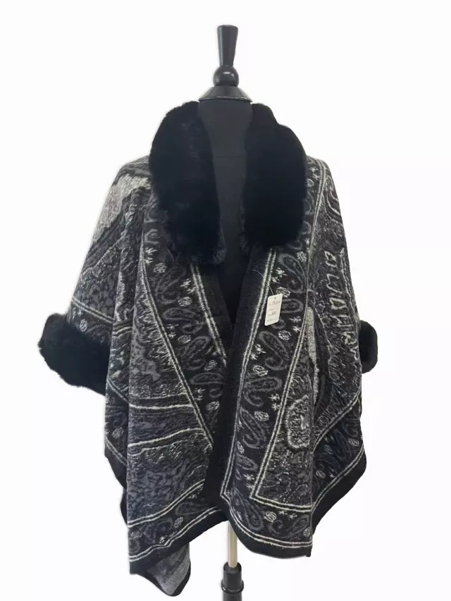 TX502 Faux Fur Paisley Pattern Cape — Black