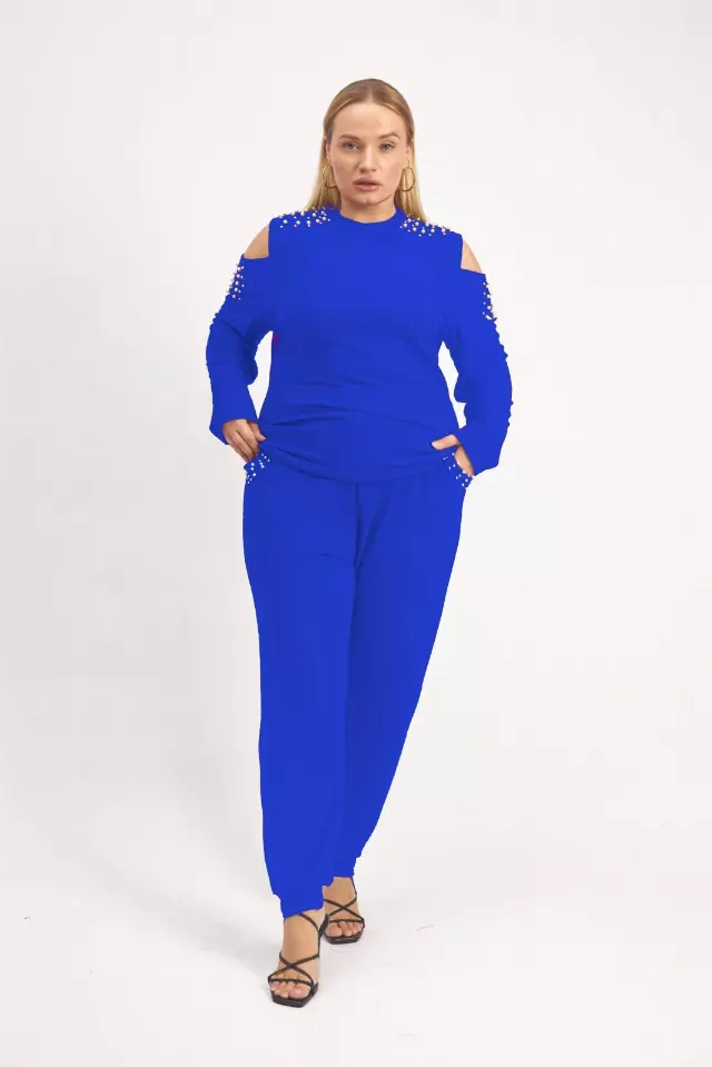 24029 -Cold Shoulder Pearl & Long Sleeves 2-Pcs Set - $25.00 Set (3 pcs per pack) — Plus - 1X 2X 3X / Royal Blue