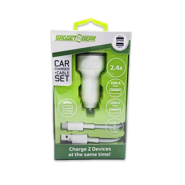 Car Charger Dual USB Ports with USB to USB-C Charging Cable Set 2.4 Amp - 3 Pieces Per Pack 24626
