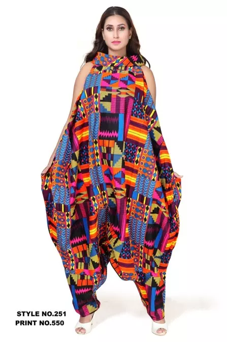 251 H- 100% Heavy Cotton Cow Neck African Wax Jumpsuit (3 PCS PRE-PACK) - $37.00 Each — One Size (4 - 26) / Print-550