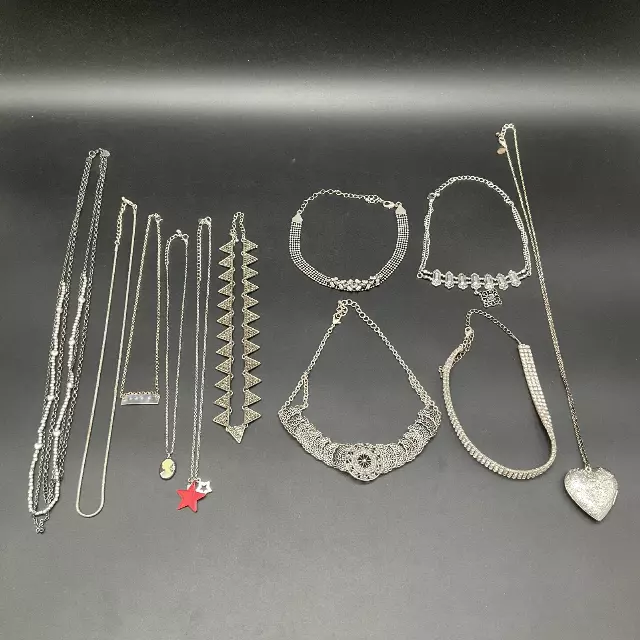 Vintage to Modern Costume Jewelry Lot 0.5 Lbs 12pc Silver Tone Necklaces