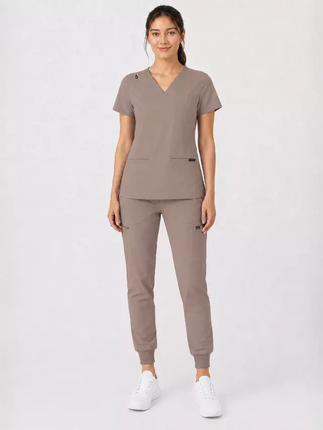 Kayla | V-neck Top and Multi-Pocket Jogger Set — Taupe / 3XL