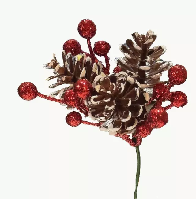 MSX3015RD-1.5″ Cones x3 w/Glitter Berries – “DZ” Min 1 DZ – Case Pk 48 DZ