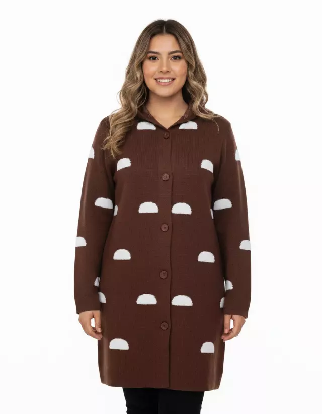 Button-Down Cardigan With Half-Moon Pattern — Brown / S-M-L-XL-2XL