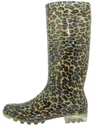 RB-21 - Wholesale Women's "Easy USA" 13½ Inches Super Soft Rubber Rain Boots — Gold Leopard Print (RB-21) / 6-11 Assorted