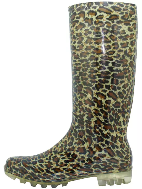 RB-21 - Wholesale Women's "Easy USA" 13½ Inches Super Soft Rubber Rain Boots — Gold Leopard Print (RB-21) / 6-11 Assorted