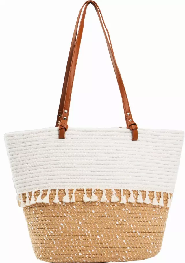 Magid Natural Cotton Woven & Faux Leather Fringe Shoulder Tote — 295-IVORY/TOAST