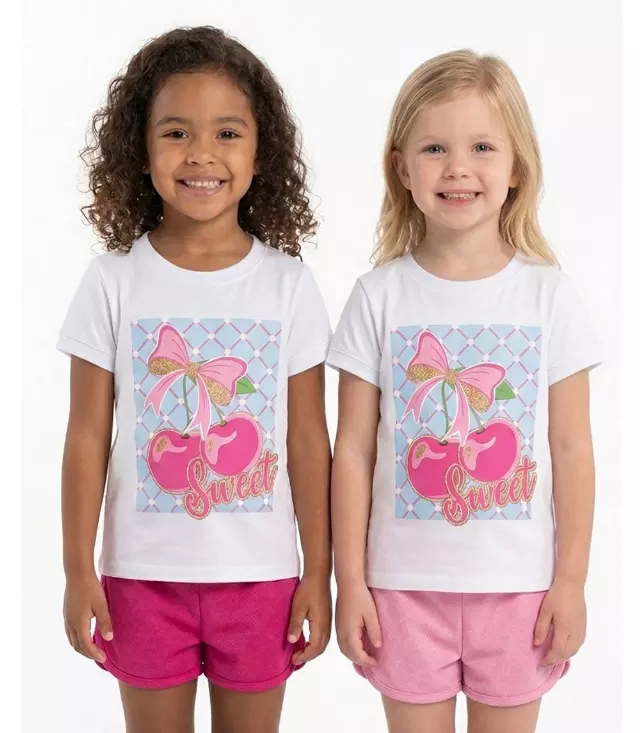 GIRLS PINK Glossy Cherries Sweet Screen Top w Mesh Short Sets - 2220902