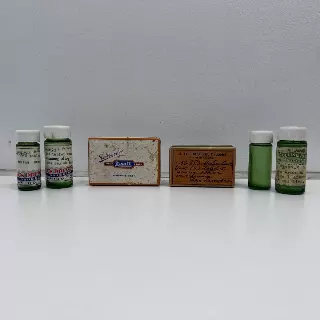 Vintage Rexall Apothecary Lot 6 Pieces Green Glass Bottles & Prescription Boxes