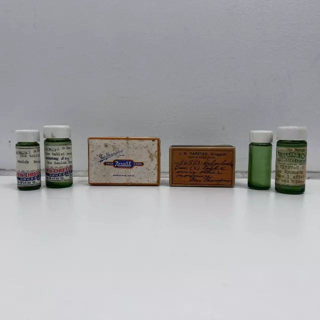 Vintage Rexall Apothecary Lot 6 Pieces Green Glass Bottles & Prescription Boxes