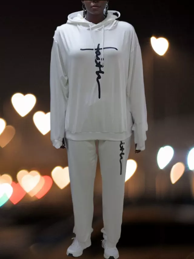 22125 -2 pcs Faith Jogging Suit -Lots of Colors Available- $25.00 Set (3 pcs per pack) — Plus - 1X 2X 3X / Off White